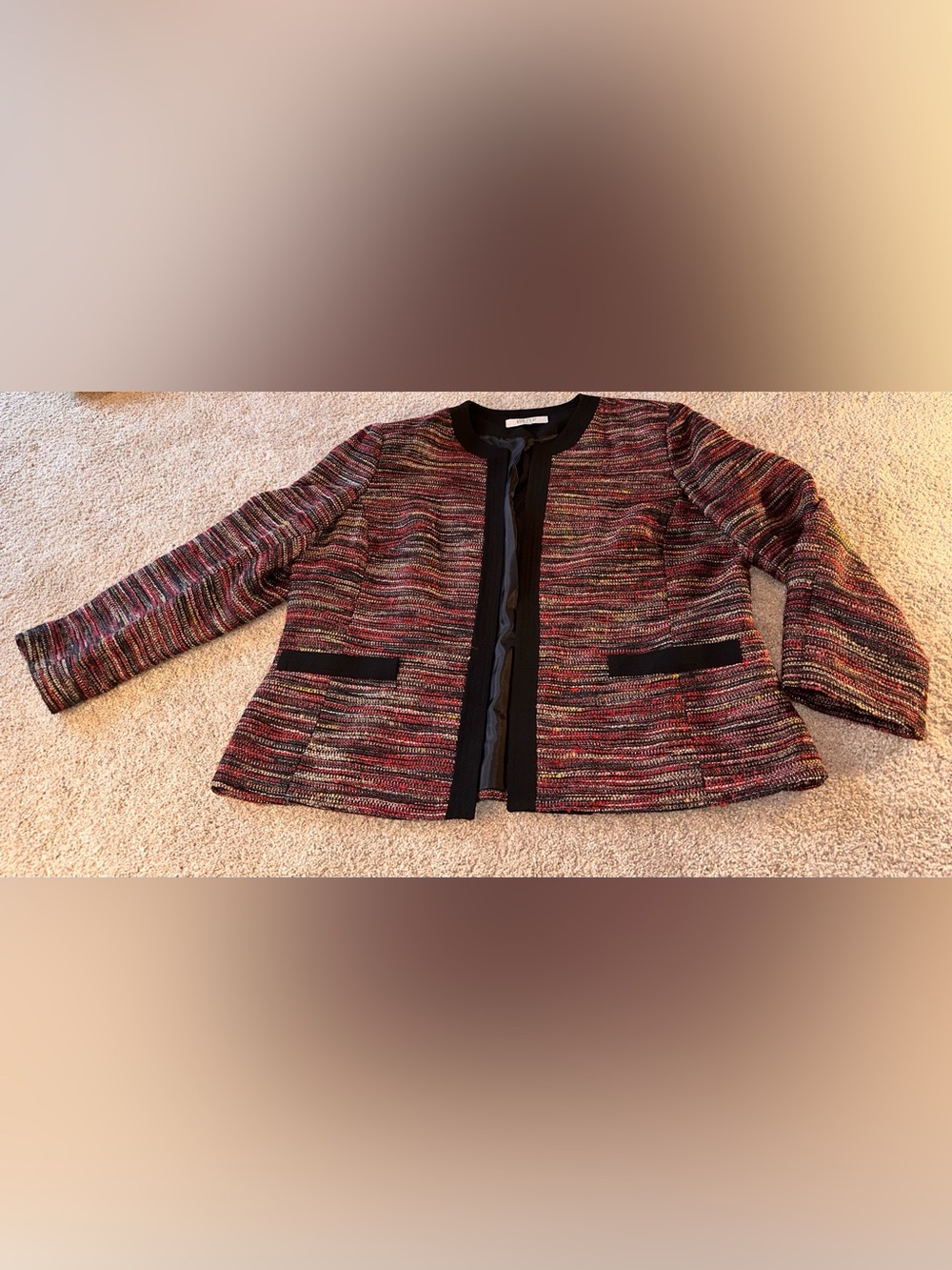 Kasper Multi-Color Tweed Open-Front Jacket with Black Trim